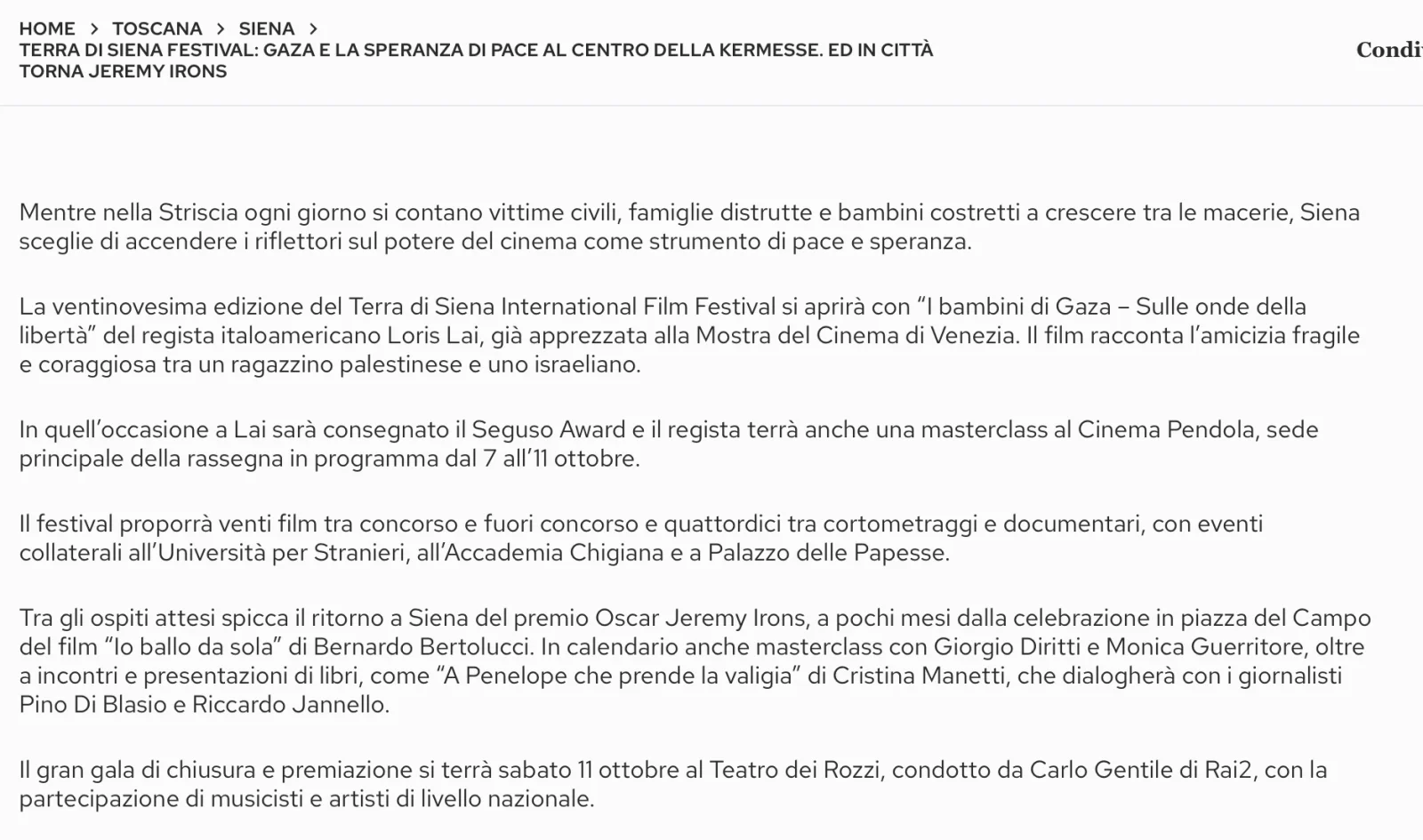 Rassegna Stampa 29° Terra di Siena International Film Festival 2025