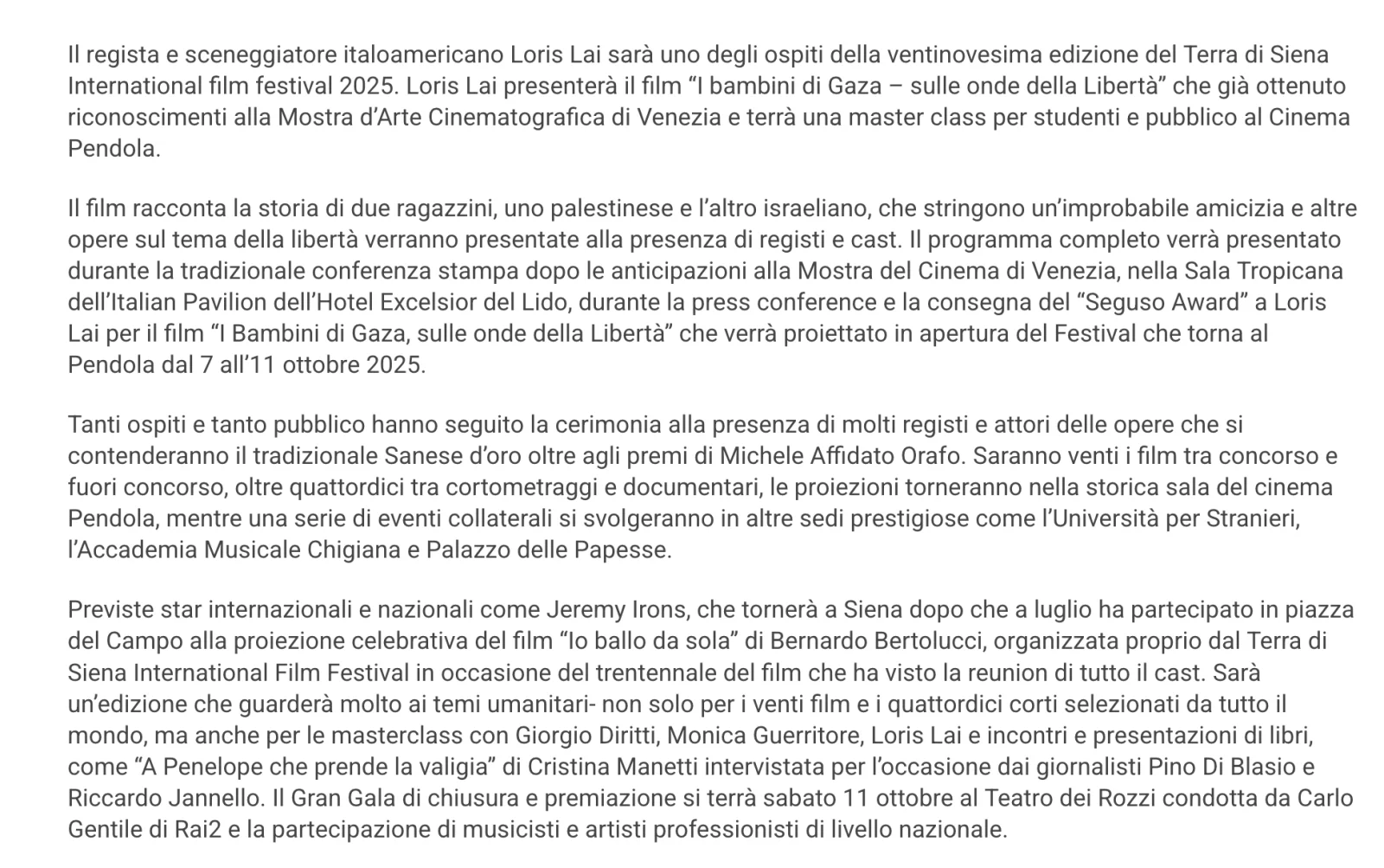 Rassegna Stampa 29° Terra di Siena International Film Festival 2025