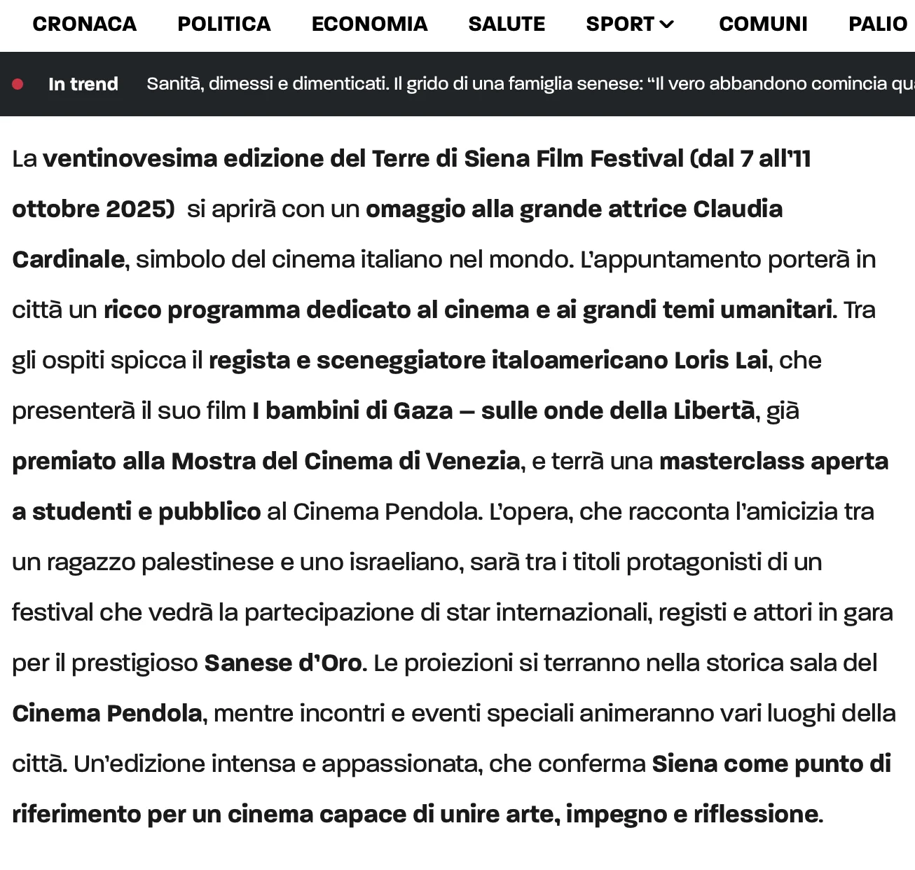 Rassegna Stampa 29° Terra di Siena International Film Festival 2025