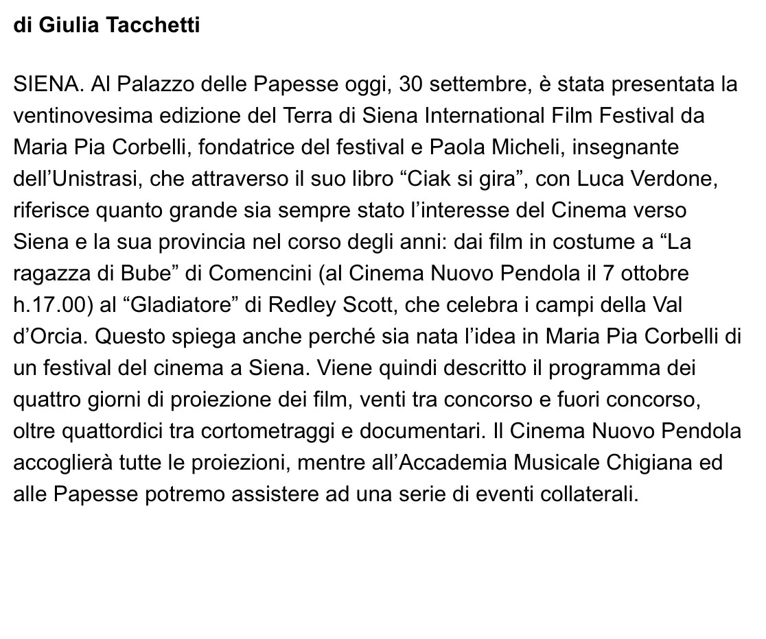 Rassegna Stampa 29° Terra di Siena International Film Festival 2025