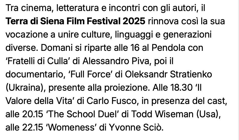 Rassegna Stampa 29° Terra di Siena International Film Festival 2025