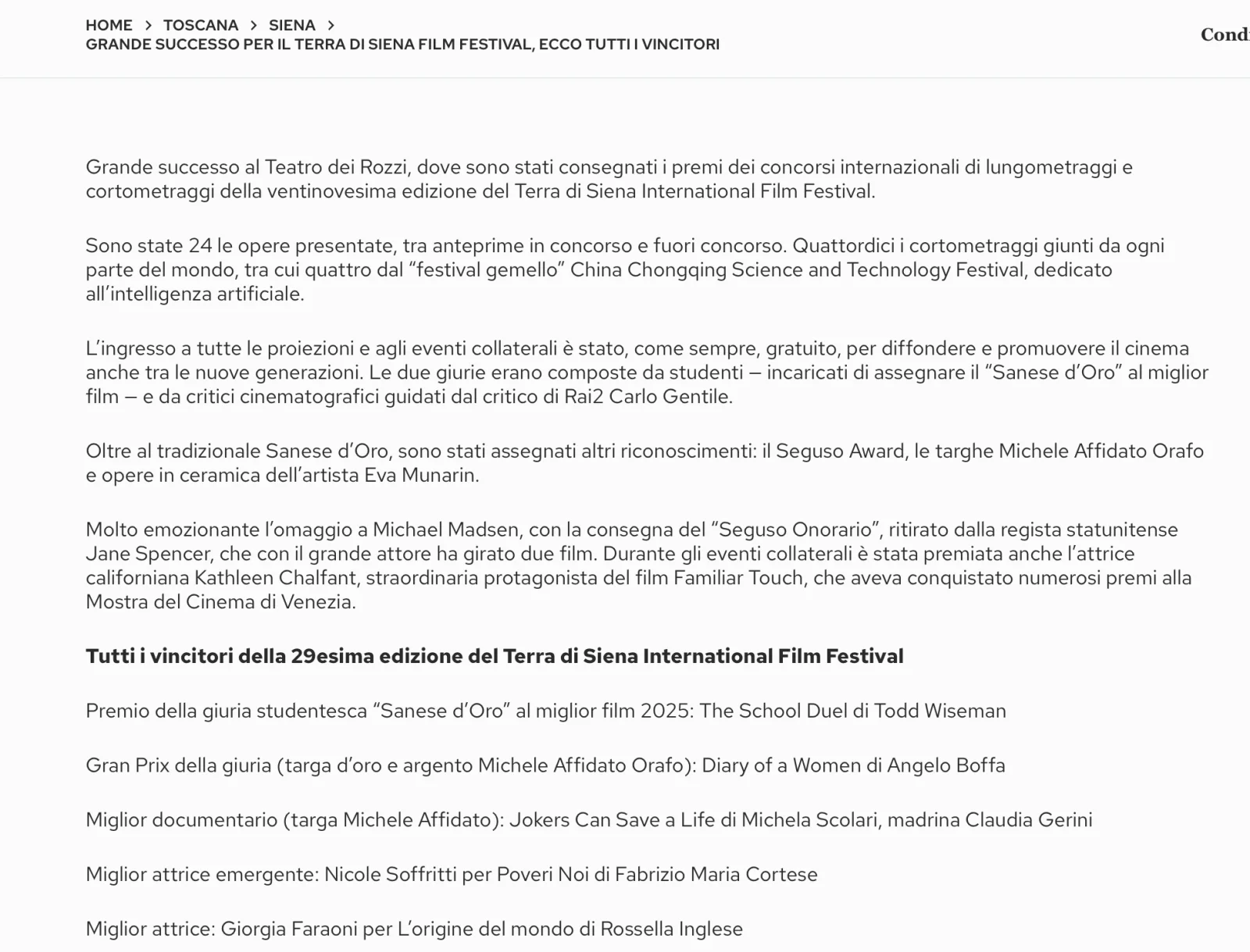 Rassegna Stampa 29° Terra di Siena International Film Festival 2025