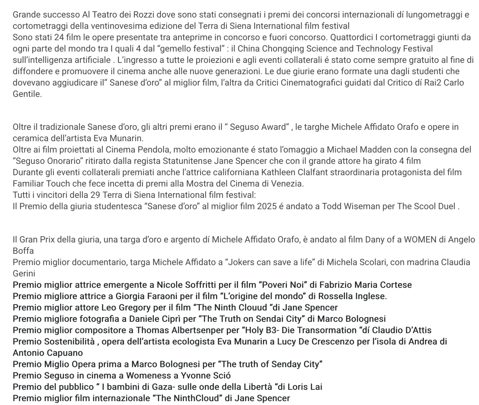 Rassegna Stampa 29° Terra di Siena International Film Festival 2025